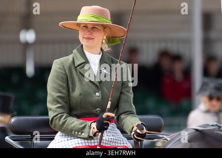 Windsor, Berkshire, Großbritannien. Mai 2026. Lady Louise Mountbatten-Windsor, die Tochter des Duke and Duchess of Edinburgh, nahm am Pol Roger Meet of the British Driving Society Today in der Royal Windsor Horse Show teil, die auf dem Privatgelände von Windsor Castle in Berkshire stattfindet. Lady Louise folgt den Spuren ihres verstorbenen Großvaters Prinz Philip, dem Duke of Edinburgh, der regelmäßig an Carrage-Fahrten teilnahm. Lady Louise erbte den Wagen und die Ponys des verstorbenen Prinzen Philip. Lady Louise ist in ihrem letzten Jahr an der St. Andrew's University und liest Englisch und hat gearbeitet Stockfoto