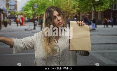 Eine Frau, die eine Papiertüte hält, zeigt den Finger auf einer belebten Straße mit einem angespannten Gesicht und einem ausgedehnten Finger nach vorne; eine durchsetzungsfähige Forderung. Stockfoto