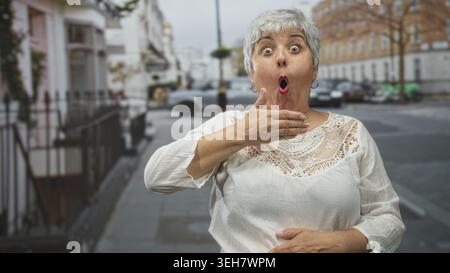 Frau Senior grauhaarig plus Größe mit Hand über Augen und andere Hand über Mund, mit Spitzenbluse auf einer Straße mit Autos und Häusern, mit breiten Augen Surp Stockfoto