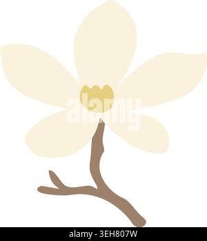 Einfache Illustration einer weißen Magnolienblüte mit großen hellen Blättern, die aus einem gekrümmten braunen Zweig wachsen. Stock Vektor