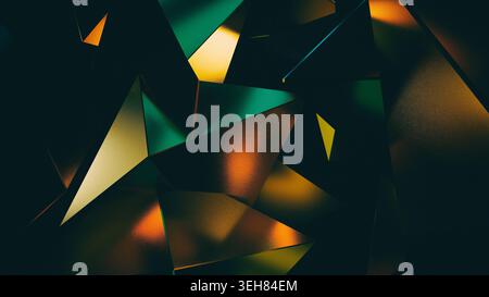 Abstraktes 3D-Rendering scharfer polygonaler Formen mit farbenfrohen Lichtaustritt. 3D-Rendering. Stockfoto