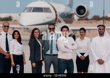Ein Business-Team aus Führungskräften und Crew steht vor einem Privatjet am Flughafen Stockfoto