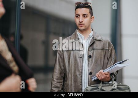 Junger Mann mit Notizbuch und Tasche vor einem Modegeschäft in einer lässigen Lederjacke Stockfoto