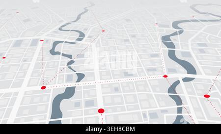 Perspektivische GPS-Navigation auf einer Stadtkarte mit roten Positionsmarkierungen. Vektorabbildung. Stock Vektor