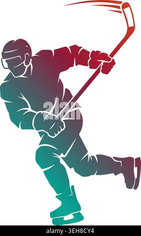 Dynamische Eishockeyspieler-Silhouette, die schnell und schwingend einen Eishockeyschläger mit einem leuchtenden Rot- zu Petrol-Farbverlauf auf weißem Hintergrund zeigt Stock Vektor