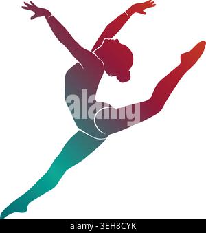 Dynamische rhythmische Turnsilhouette, die einen Spliss-Sprung in der Luft durchführt, mit einem leuchtenden Rot- zu Blaugrün-Farbverlauf, der auf einem weißen Hintergrund isoliert ist Stock Vektor