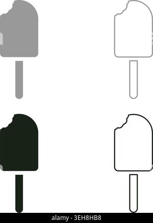Eis-Eis-Eis mit Schokolade Glasur Stick Eskimo Sommer erfrischende Dessert Set Icon grau schwarz Farbe Vektor Illustration Stock Vektor