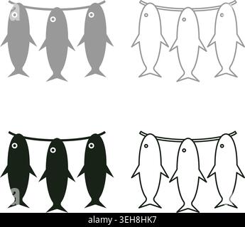 Drei Fische Silhouette Fische Set Symbol grau schwarz Farbe Vektor Illustration Bild einfache Vollfüllung Kontur Linie dünne flache Art Stock Vektor