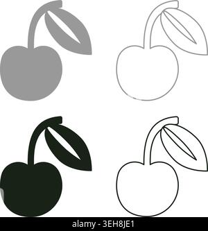 Kirschbeeren mit Blatt Bio-Lebensmittel Set Icon grau schwarz Farbe Vektor Illustration Bild einfache feste Füllung Umrisslinie dünne flache Art Stock Vektor