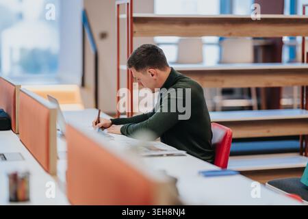 Geschäftsmann, der mit Laptop und Dokumenten am Schreibtisch in einem modernen Coworking-Büro arbeitet Stockfoto