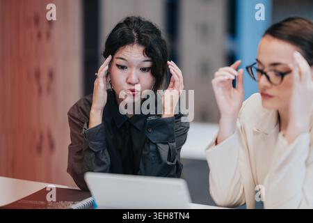 Zwei Geschäftsfrauen, die beim Überprüfen von Dokumenten gestresst aussehen, und ein Laptop während eines Meetings Stockfoto