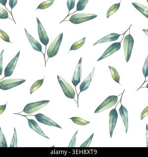 Eukalyptusgrüne Blätter und Zweige. Nahtloses Muster. Handgezeichnete botanische Illustration mit Aquarell. Isoliertes Element auf weißem Hintergrund. Für Gewebe, Textilien, Tapeten, Verpackungen, Geschenkpapier. Stockfoto