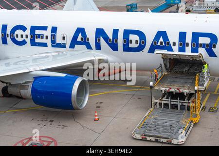 Amsterdam, Niederlande, 02.05.2026, Icelandair Aircraft Ground Loading Operations am Flughafen Schiphol Amsterdam Stockfoto