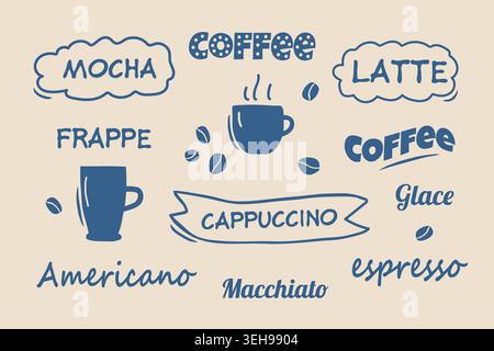 Niedliches Kritzelset mit Kaffeeaufdruck und handgezeichneter Typografie und Tassen Stock Vektor