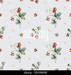 Nahtloses Muster Für Wilde Erdbeerzweige. Aquarell Sommer Frühling Blumenwald Illustration Hand gemalt isoliert auf hellblauem Hintergrund Kinderzimmer BA Stockfoto
