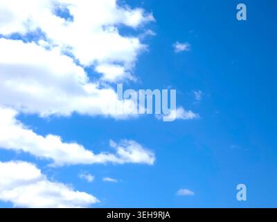 Der Himmel zeigt eine hellblaue Farbe, gefüllt mit flauschigen weißen Wolken. Es ist mittags und das Sonnenlicht beleuchtet die Wolken vor dem blauen Hintergrund. Stockfoto
