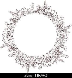 Runder Rahmen mit Protea Blumen, schwarz-weiße Linie Kunst Vektor Illustration, Blumenkranz Design Stock Vektor