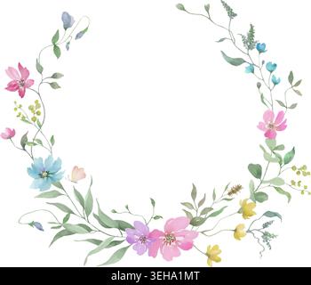 Aquarell Wildblumenkranz, handgemalte Blumenwappen mit Wiesenblumen, Grün, botanischer runder Vektor-Rahmen für Hochzeitseinladung, Karte Stock Vektor