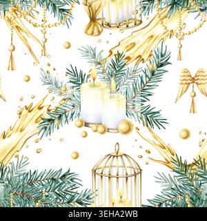 Nahtloses Weihnachtsmuster mit goldenem Vogelkäfig, Tannenzweigen, brennenden Kerzen, Perlen und einem Spritzer Sekt. Festliche Aquarelle, handbemalt Stockfoto