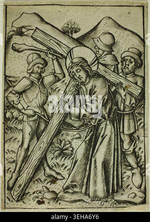Christus trägt das Kreuz von Israhel van Meckenem dem Jüngeren, n.d., Christus umgeben von Soldaten und Henkern auf dem Weg zur Kreuzigung, einem entscheidenden Moment in der Geschichte der christlichen Passion Stockfoto
