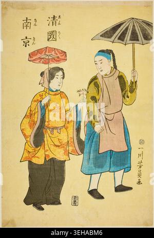Chinesisch aus Nanjing von Utagawa Yoshikazu, 1861, zeigt einen Mann und eine Frau unter Regenschirmen in traditioneller Kleidung der Qing-Dynastie Stockfoto