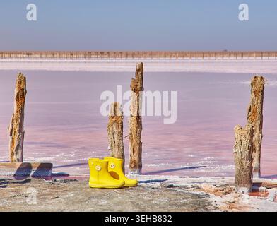 Ein Paar hellgelbe Gummistiefel, die am Ufer eines rosa Salzsees stehen, mit verwitterten Holzpfosten im Wasser. Stockfoto