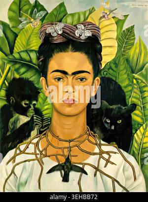 Frida Kahlo, Selbstporträt mit Dornhalskette und Kolibri, 1940 Stock Vektor