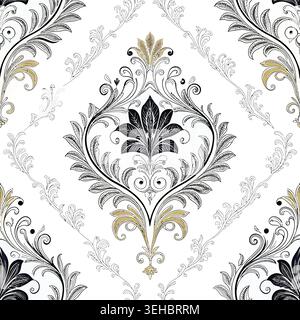 Elegantes nahtloses Vektormuster in Schwarz und Gold Damast, Vintage Barock Floral Tapete Design mit klassischen Akanthus Blatt Ornamenten für Textilien Stock Vektor