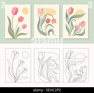 Botanische Wandkunst mit Blumenzeichnungen und pastellfarbenen Blumen Stock Vektor