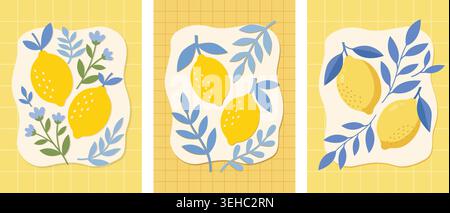 Blumenmotiv mit Zitrone, botanischem Blatt, gelben Früchten und dekorativem handgezeichnetem Muster Stock Vektor