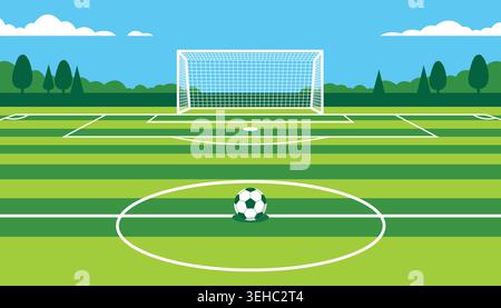 Fußballfeld mit einem Ball in der Mitte und einem Torpfosten im Hintergrund Stock Vektor