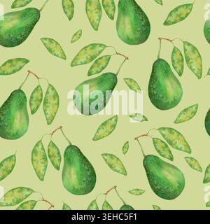 Frucht nahtloses Muster von Avocado mit Blättern. Botanische Textur für umweltfreundliche und gesunde Lebensmittel für den Druck auf Stoff, Papier. Aquarell und Marker Stockfoto
