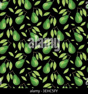 Nahtloses Muster mit Avocadofrüchten und Blättern. Aquarellabbildung. Handgezeichneter isolierter Hintergrund. Botanische Kunst für Tapeten, bedrucken Stockfoto