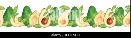 Nahtloses Banner mit einer ganzen Avocado und geschnittenen Früchten mit Blättern. Aquarellabbildung. Isolierter, handgezeichneter Hintergrund. Gemüserand für Stockfoto