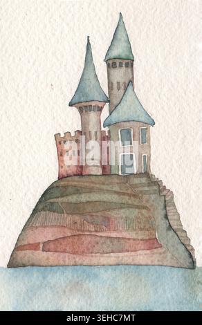 Mittelalterliche Burg, Aquarell Stockfoto