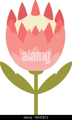 Einfache Illustration einer rosa Tulpenblüte mit mehrschichtigen Blütenblättern und zwei grünen Blättern an der Basis. Stock Vektor