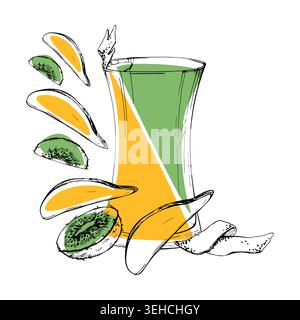 Exotische Mangobrüchte, Kiwi-Smoothie in Hurrikanglas mit Zitrusschalen Akzent, tropische Scheiben wirbeln. Handgezeichnete Vektorgrafik Stock Vektor