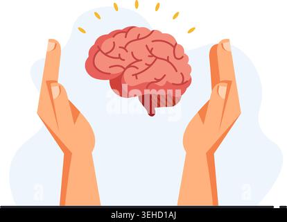 Vektor-Illustration von zwei Händen, die ein Gehirn schützen und geistiges Wohlbefinden, Psychologie und Pflege darstellen. Stock Vektor