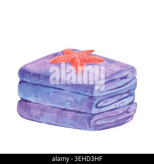 Aquarellillustration von drei gestapelten Handtüchern mit einem Korallenstern oben isoliert auf weißem Hintergrund. Handgemaltes Sommerclipart für Spa-Dekor, Stockfoto