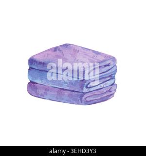 Aquarellillustration von drei gestapelten Handtüchern in Lavendel- und lila Tönen isoliert auf weißem Hintergrund. Handgemaltes Spa-Clipart für Hotelbranding Stockfoto