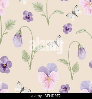 Nahtloses Muster in Aquarellviolett und Schmetterling auf weichem, warmem beigefarbenem Hintergrund Stockfoto