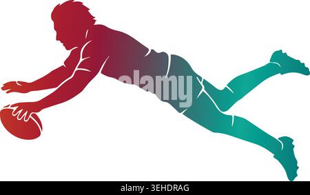 Dynamische Rugbyspieler-Silhouettentauchen, um einen Versuch mit einem ovalen Ball zu erzielen, der einen leuchtenden Rot- zu Petrol-Farbverlauf auf weißem Hintergrund aufweist Stock Vektor