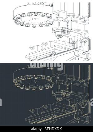 CNC-Fräsmaschine mit automatischem Werkzeugwechsler Blaupausen stilisierte Vektorabbildungen Stock Vektor