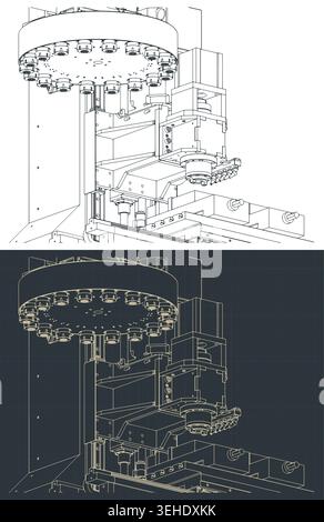 CNC-Fräsmaschine mit automatischem Werkzeugwechsler Blaupausen stilisierte Vektorabbildungen Stock Vektor
