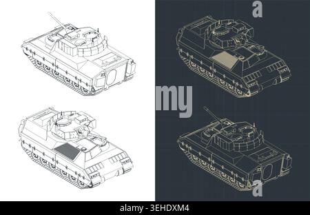 M2 Bradley Infanterie Kampffahrzeug Isometrie Blaupausen stilisierte Vektorillustrationen Stock Vektor