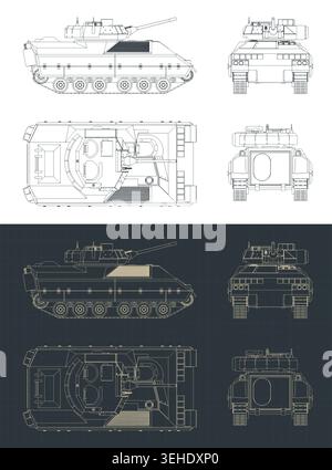 M2 Bradley Infanterie Kampffahrzeug Blaupausen stilisierte Vektor-Illustrationen Stock Vektor