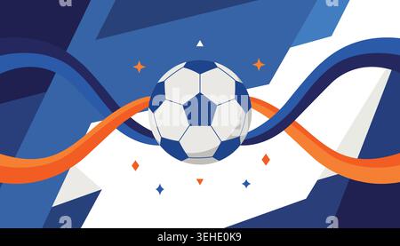 Abstrakter Fußball-Hintergrund mit einem Fußball, dynamischen blauen und orangen Bändern und geometrischen Formen in einem modernen flachen Design Stock Vektor
