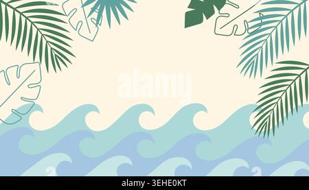 Sommerstrand Hintergrund mit tropischen Palmenblättern und Meereswellen, flacher Lay Stil für Urlaub und Reise Design Stock Vektor