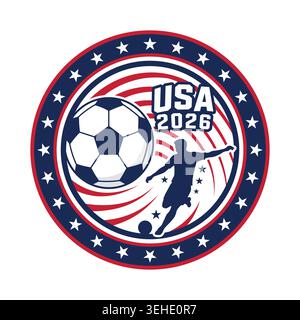 Fußballturnier usa 2026 Emblem mit einem Ball und einer Spielersilhouette, Vektor-Illustration Stock Vektor