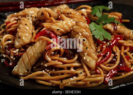 Udon-Nudeln, mit Tintenfisch und Gemüse, auf einem schwarzen Teller, hausgemacht, keine Leute Stockfoto
